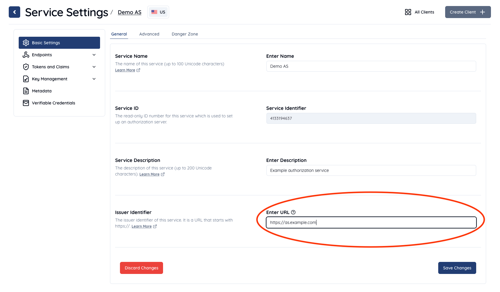 更新された発行者識別子 URL を表示する Authlete サービス設定